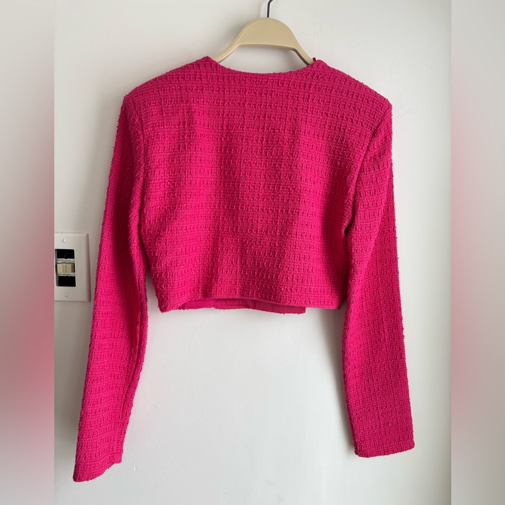 ZARA  Fuchsia Pink Textured Cropped Jacket with Rhinestone Buttons Size Small - Picture 3 of 15